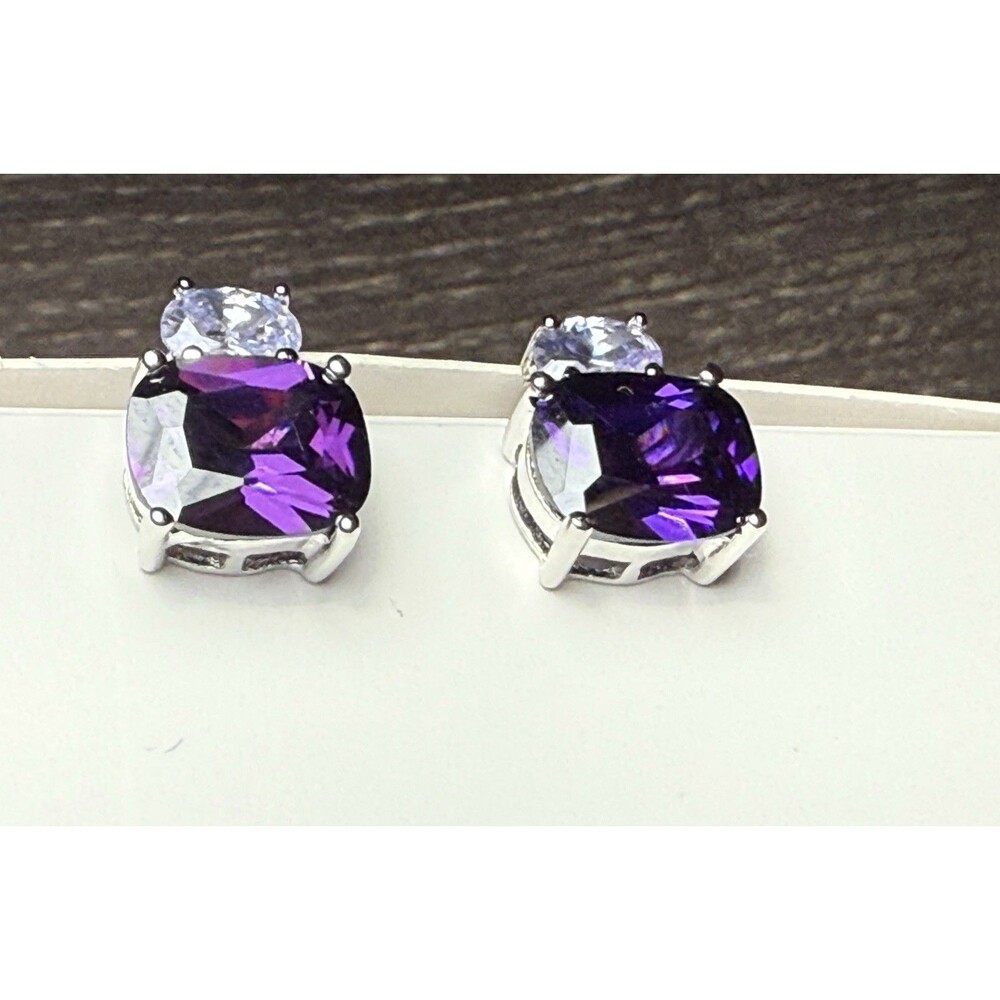 Vintage Signed 925 Sterling Amethyst‎ Stone & Cubic Zirconia  Earrings